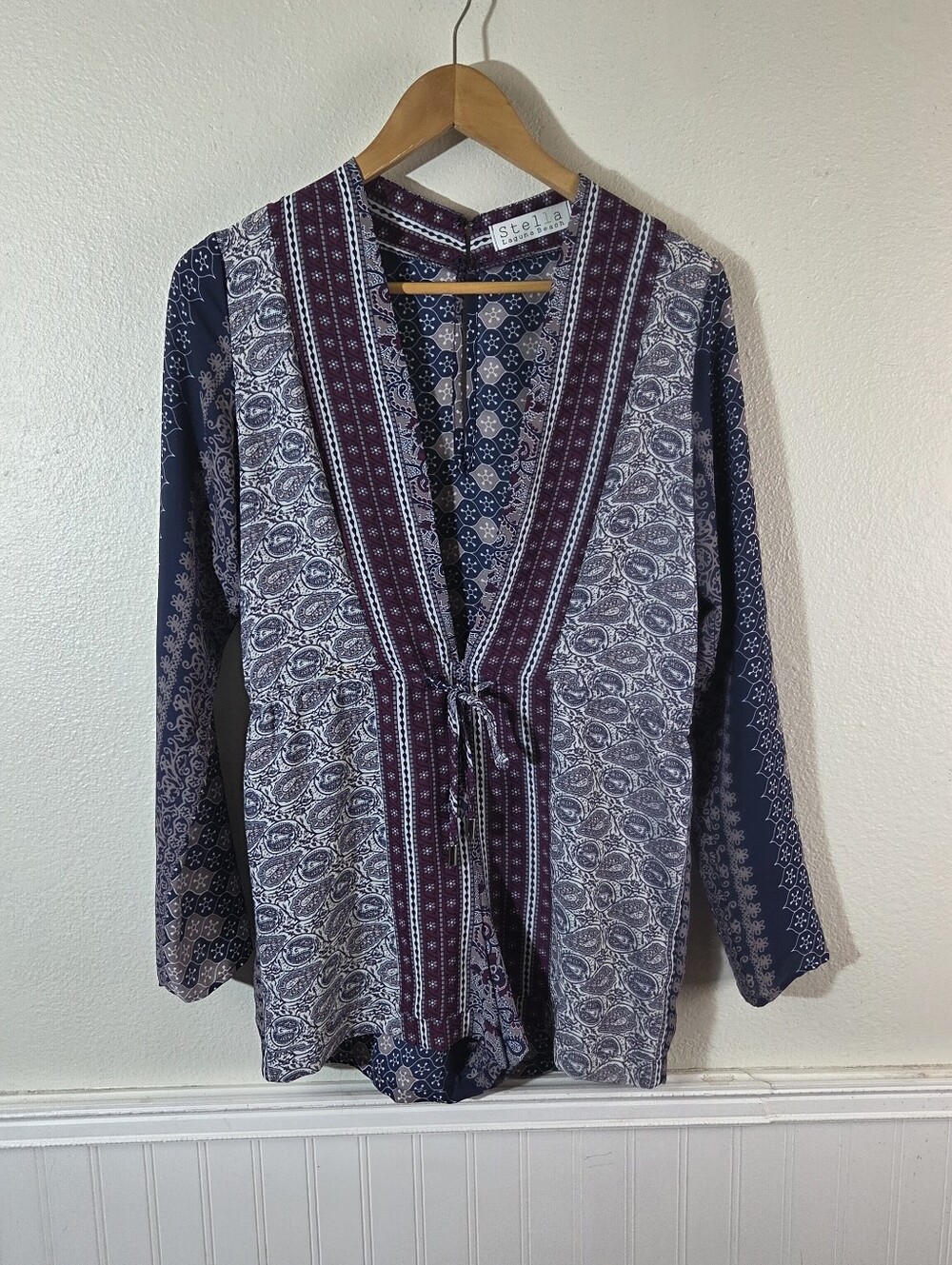 Stella Laguna Beach Boho Paisley Romper Womens Medium Blue Purple Long Sleeve